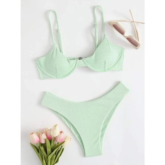 Shein  Green Ribbed  Underwire Bikini Swimsuit M NWT - Picture 6 of 6